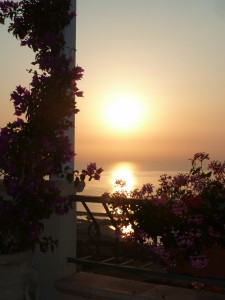 balcony flowers at sunset